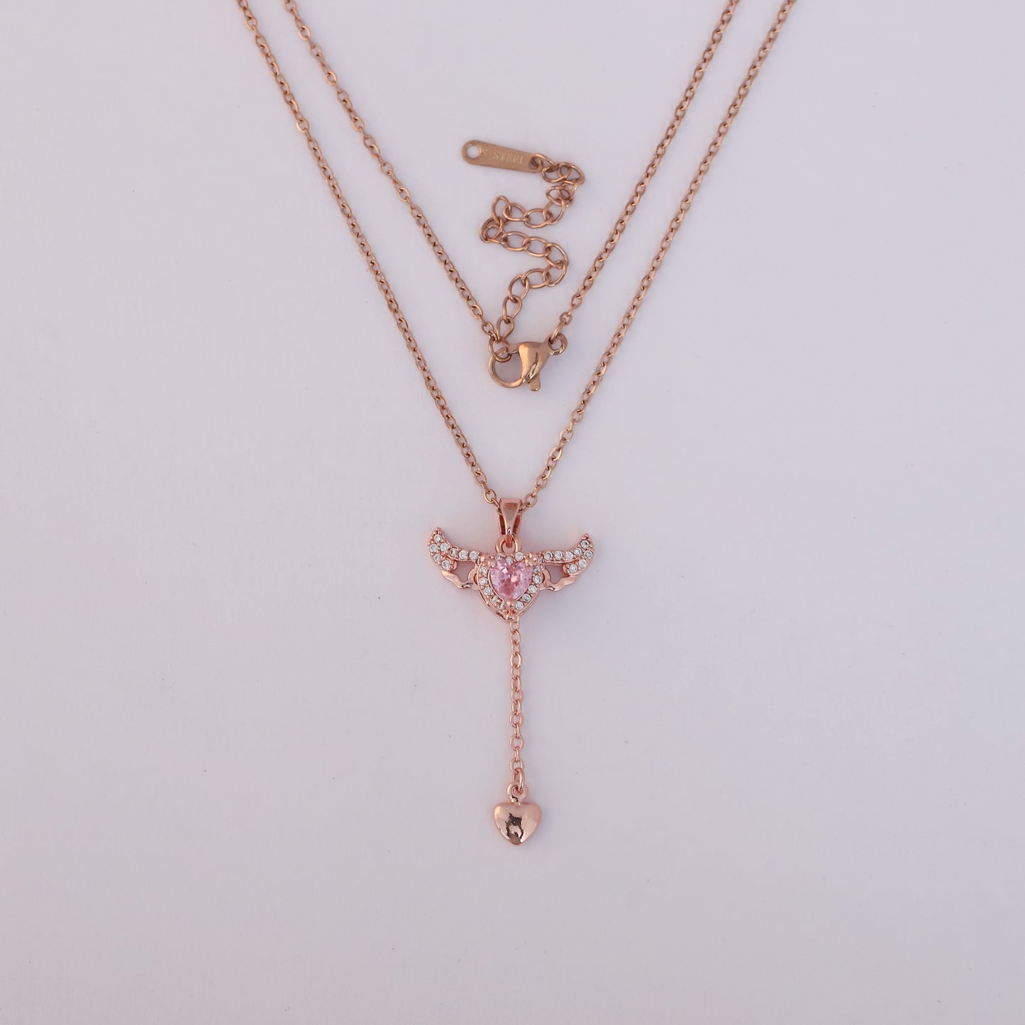 Rose Gold Angel Heart Lariat Necklace - ZIPPORY