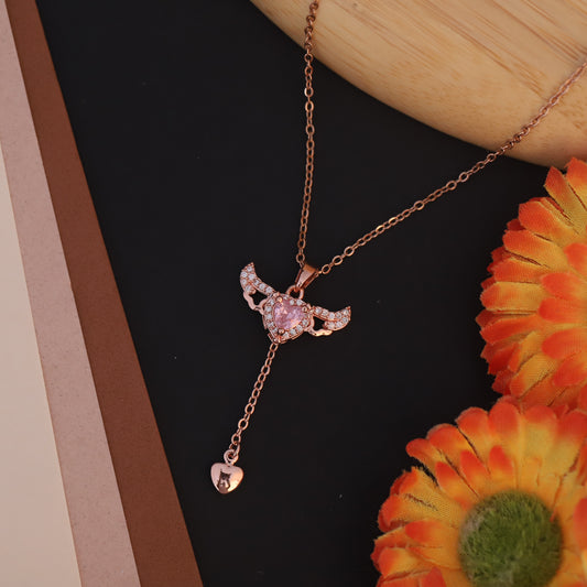 Rose Gold Angel Heart Lariat Necklace - ZIPPORY