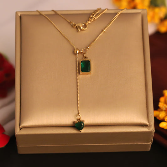 Lariat Necklace with Green Gemstone Pendant - ZIPPORY