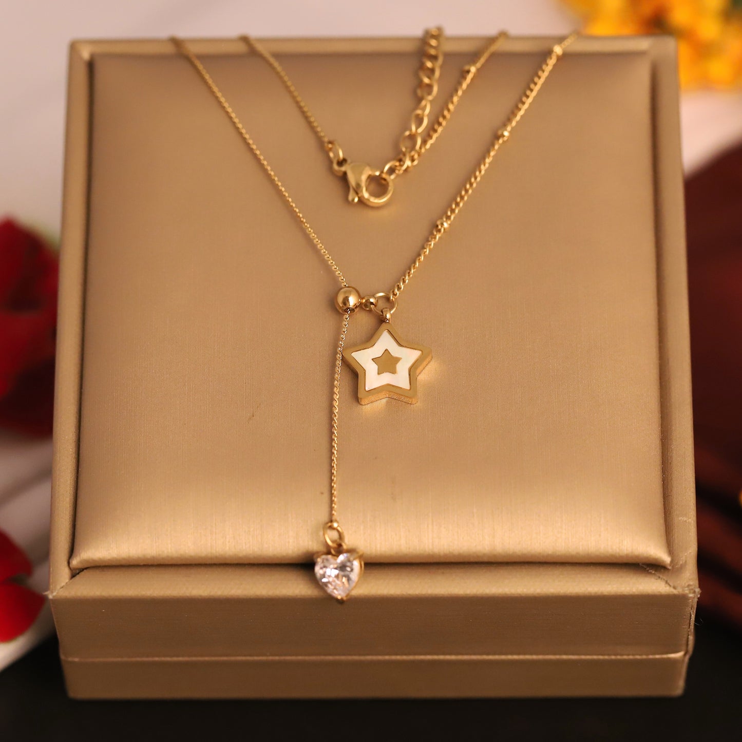 Star and Crsytal Heart Drop Pendant Necklace - ZIPPORY