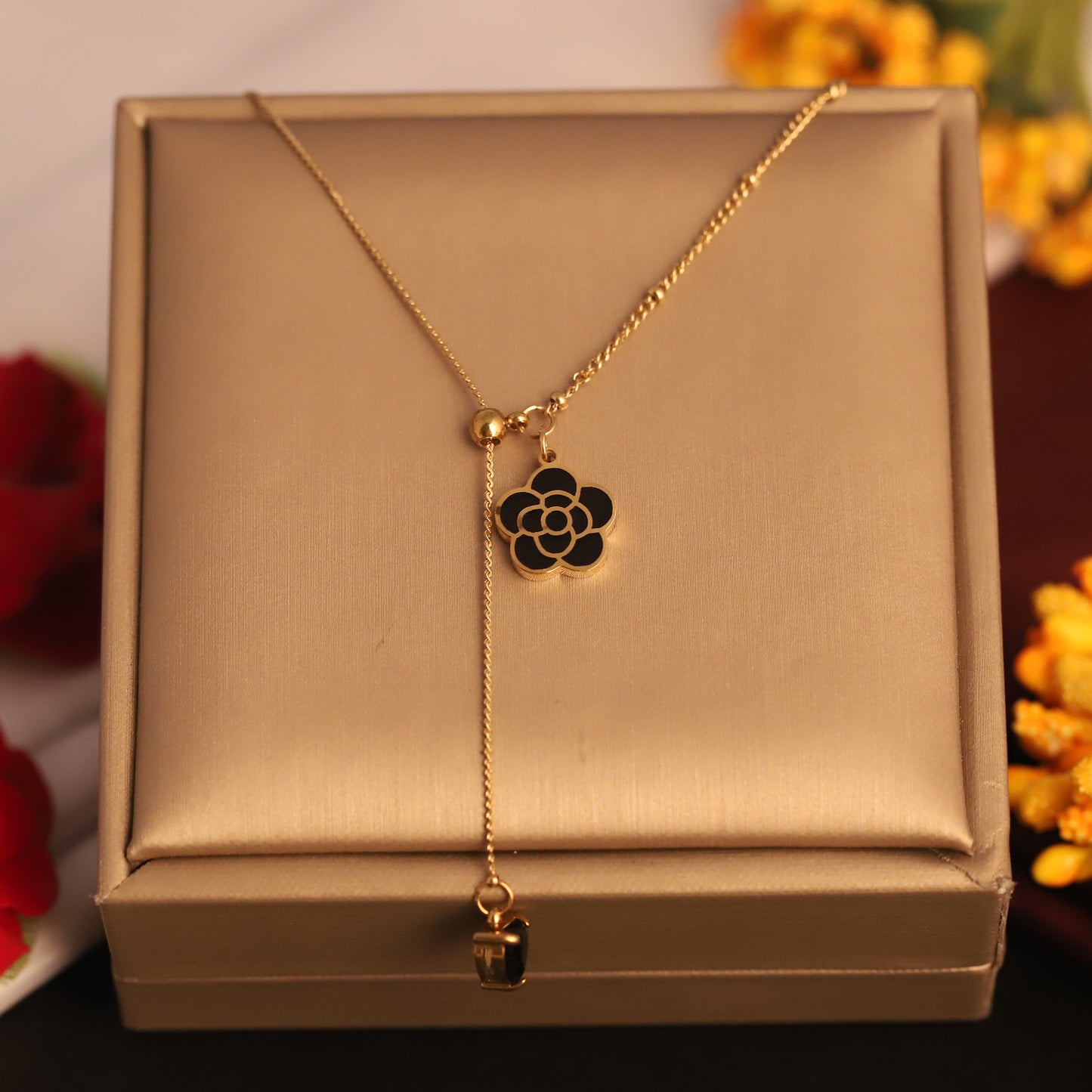 Black Enamel Floral Pendant Necklace - ZIPPORY