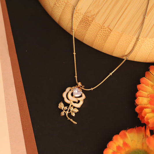 Golden Bloom Rose Pendant Necklace – Elegant Floral Charm with Crystal Accent - ZIPPORY