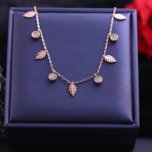 Rose Gold Plated Leaf Charm Necklace - ZIPPORY