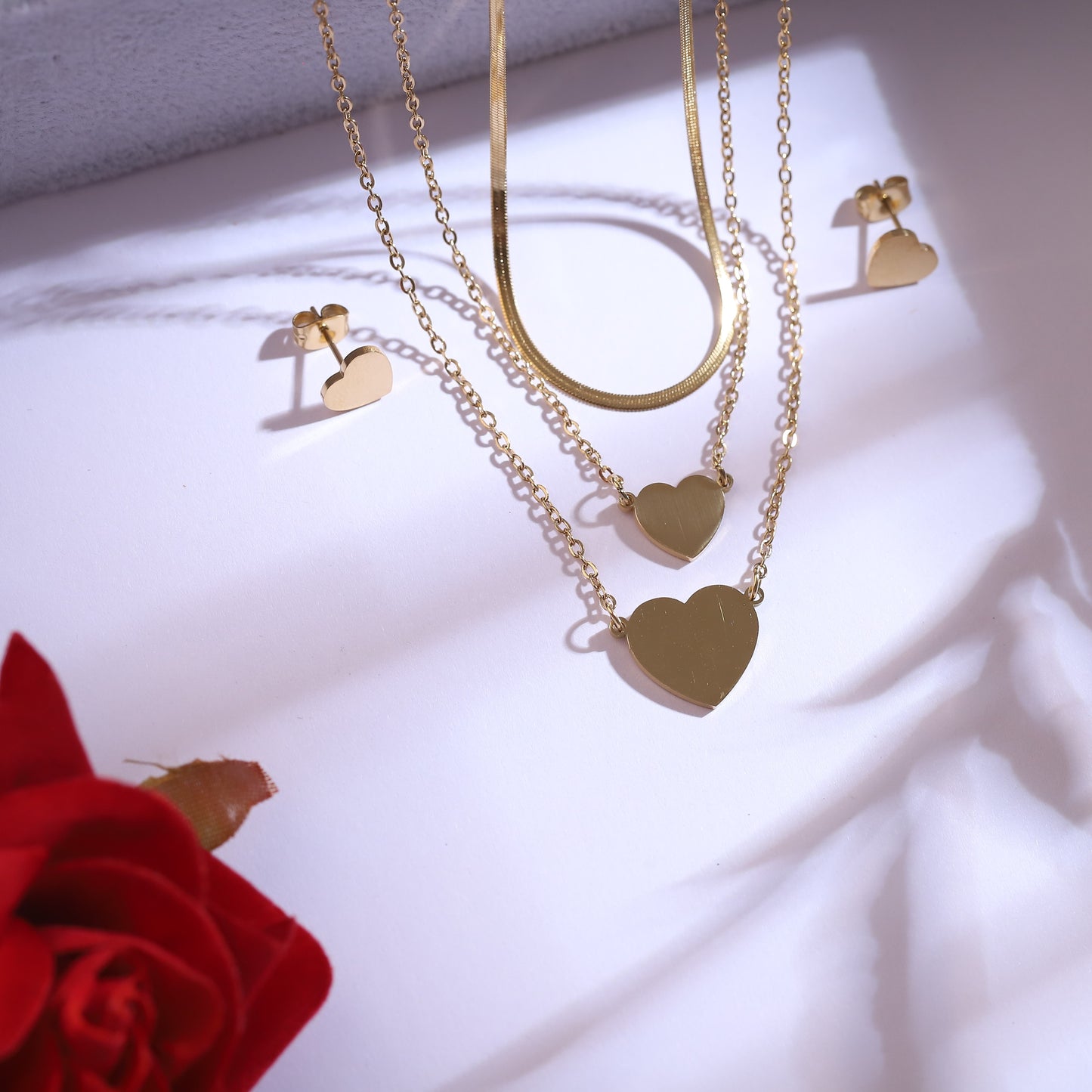 Heart Shaped Snake Chain 3 Layered Necklace Set-22K Gold Plated