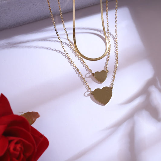 Heart Shaped Snake Chain 3 Layered Necklace Set-22K Gold Plated - ZIPPORY
