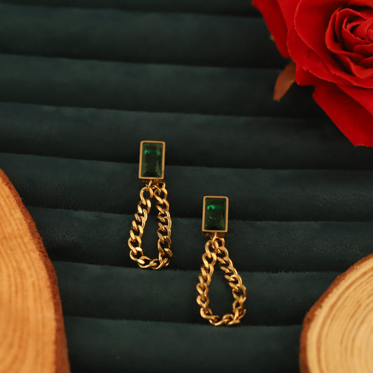 Classic Emerald Rectangle Chain Earrings - ZIPPORY