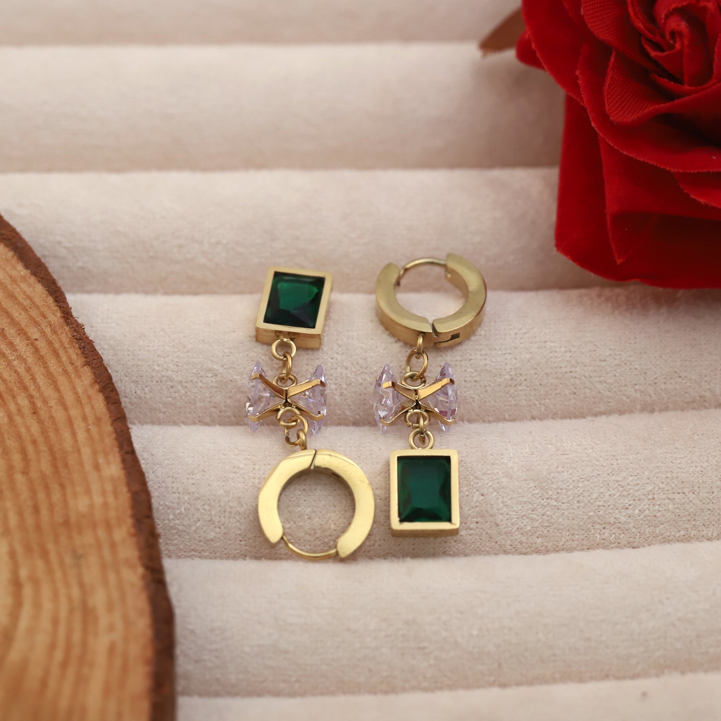 Crystal Green Emerald Rectangle Dangle Earrings - ZIPPORY