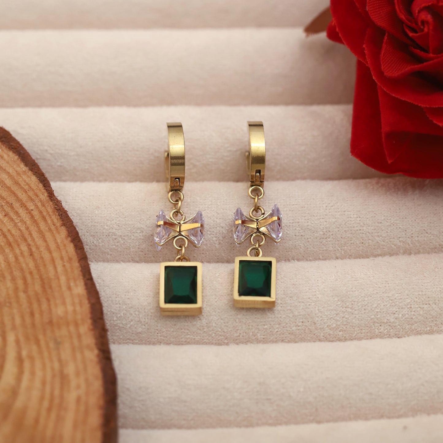 Crystal Green Emerald Rectangle Dangle Earrings - ZIPPORY