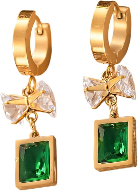 Crystal Green Emerald Rectangle Dangle Earrings - ZIPPORY