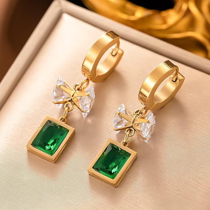Crystal Green Emerald Rectangle Dangle Earrings - ZIPPORY