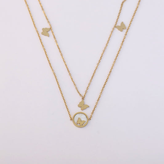Elegant Gold Plated Butterfly Pendant Necklace – Layered Dual Chain Design - ZIPPORY