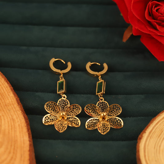 Emerald Gold Flower Korean Style Hoop Drop Earrings - ZIPPORY