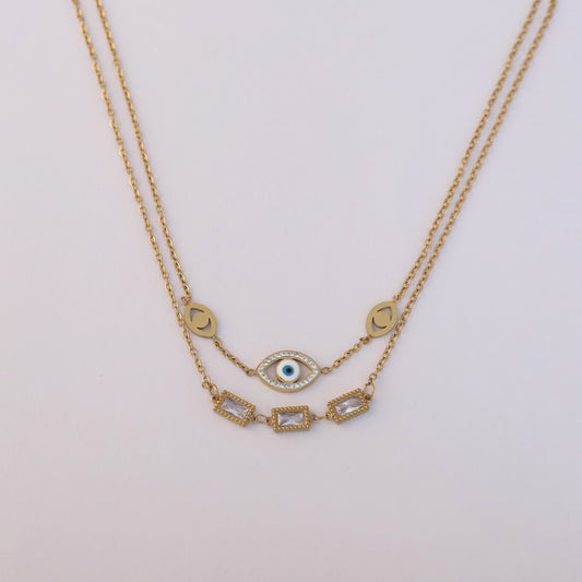 Gold Plated Evil Eye & Crystal Layered Necklace - ZIPPORY