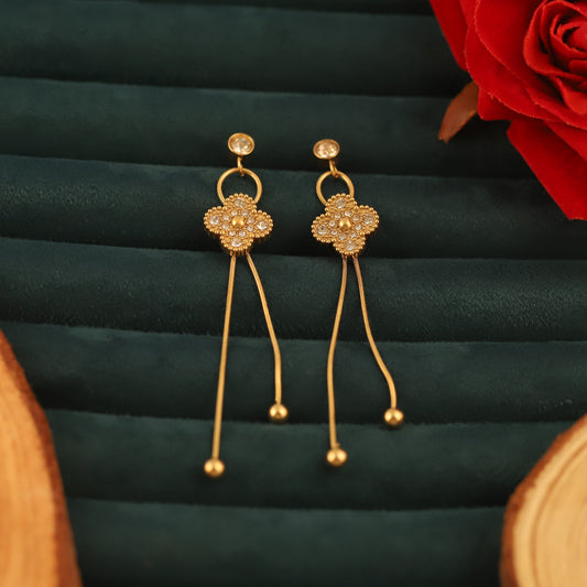 Gold Tone Crystal Studded Elegant Long Chain Drop Danglers Earrings - ZIPPORY