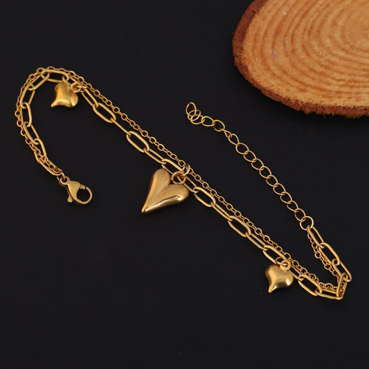 Heart Shape Double Chain Gold Bracelet - ZIPPORY