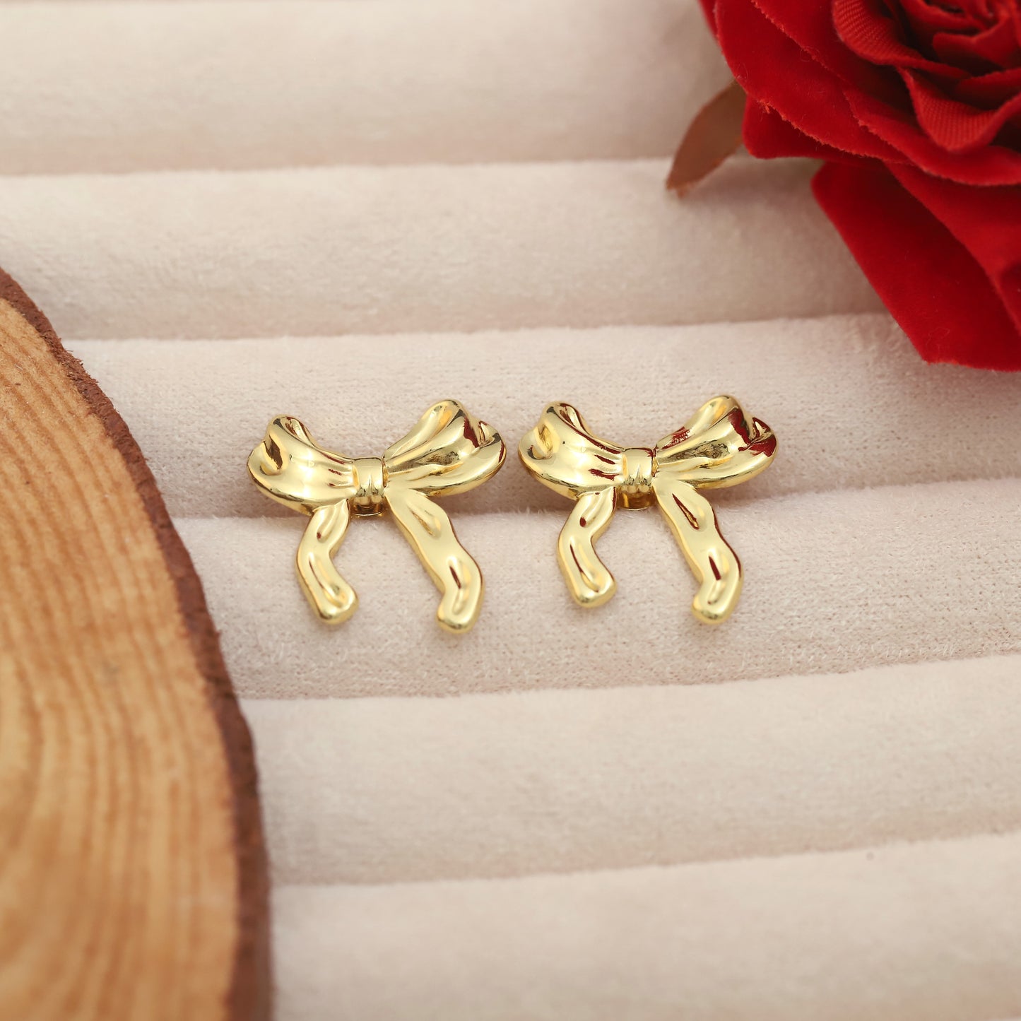 Korean Bow Ribbon Studded Drop Earrings - ZIPPORY