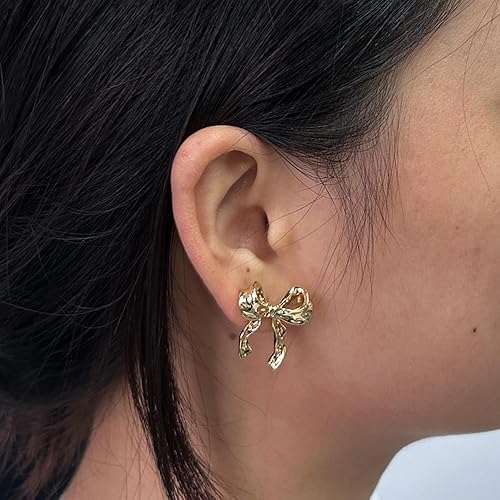 Korean Bow Ribbon Studded Drop Earrings - ZIPPORY