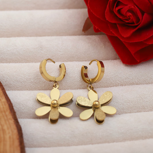 Korean Gold Plated Flower Huggie Hoop Hanging Earrings - ZIPPORY