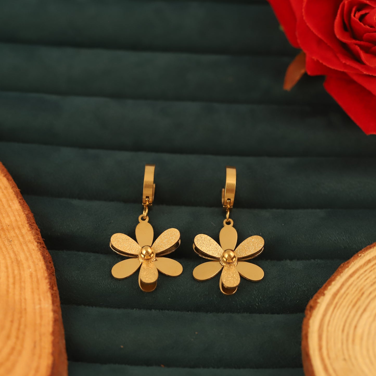 Korean Gold Plated Flower Huggie Hoop Hanging Earrings - ZIPPORY