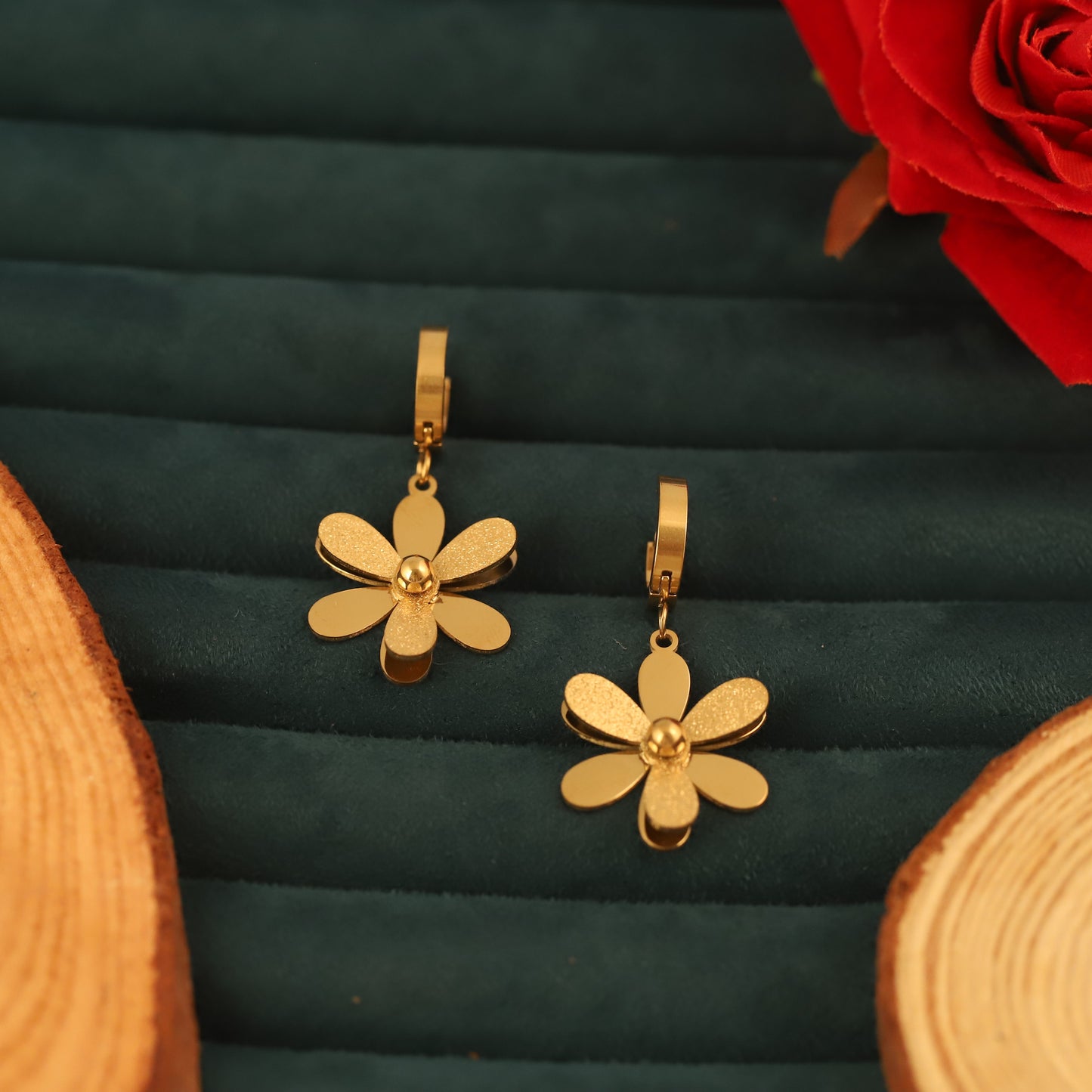 Korean Gold Plated Flower Huggie Hoop Hanging Earrings - ZIPPORY