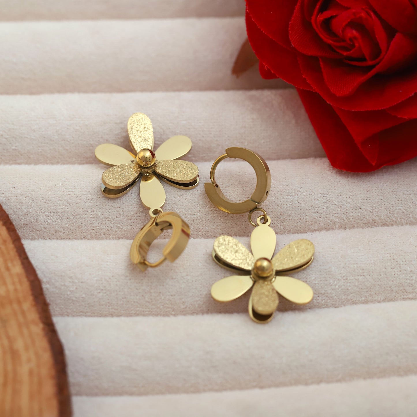 Korean Gold Plated Flower Huggie Hoop Hanging Earrings - ZIPPORY