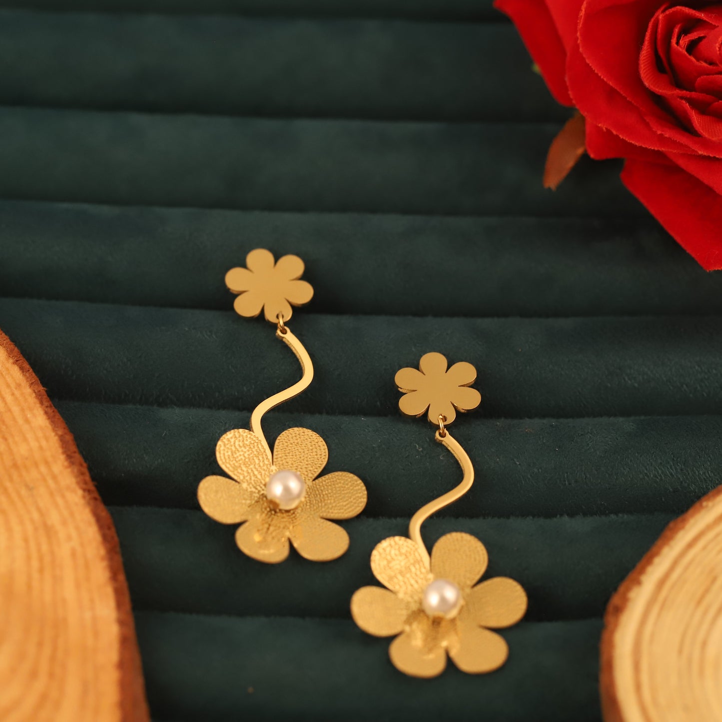 Korean Style Golden Flower With Pearl Dangle Earrings - ZIPPORY