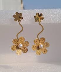 Korean Style Golden Flower With Pearl Dangle Earrings - ZIPPORY