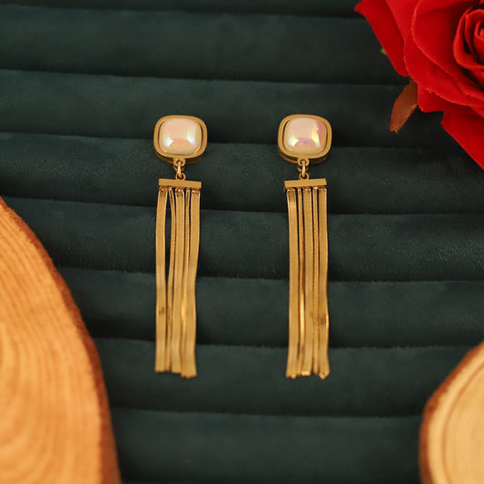 Long Tassel Gold Plated Pearl Stud Earrings - ZIPPORY