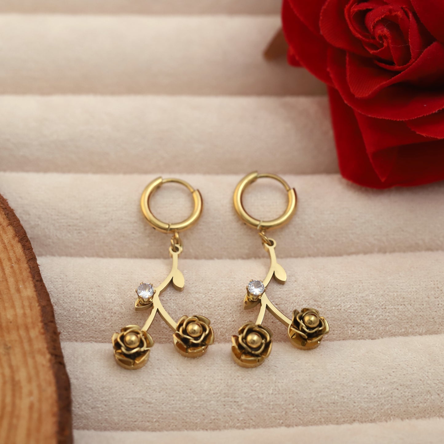 Rose Flower Stone Hoop Dangle Earrings - ZIPPORY