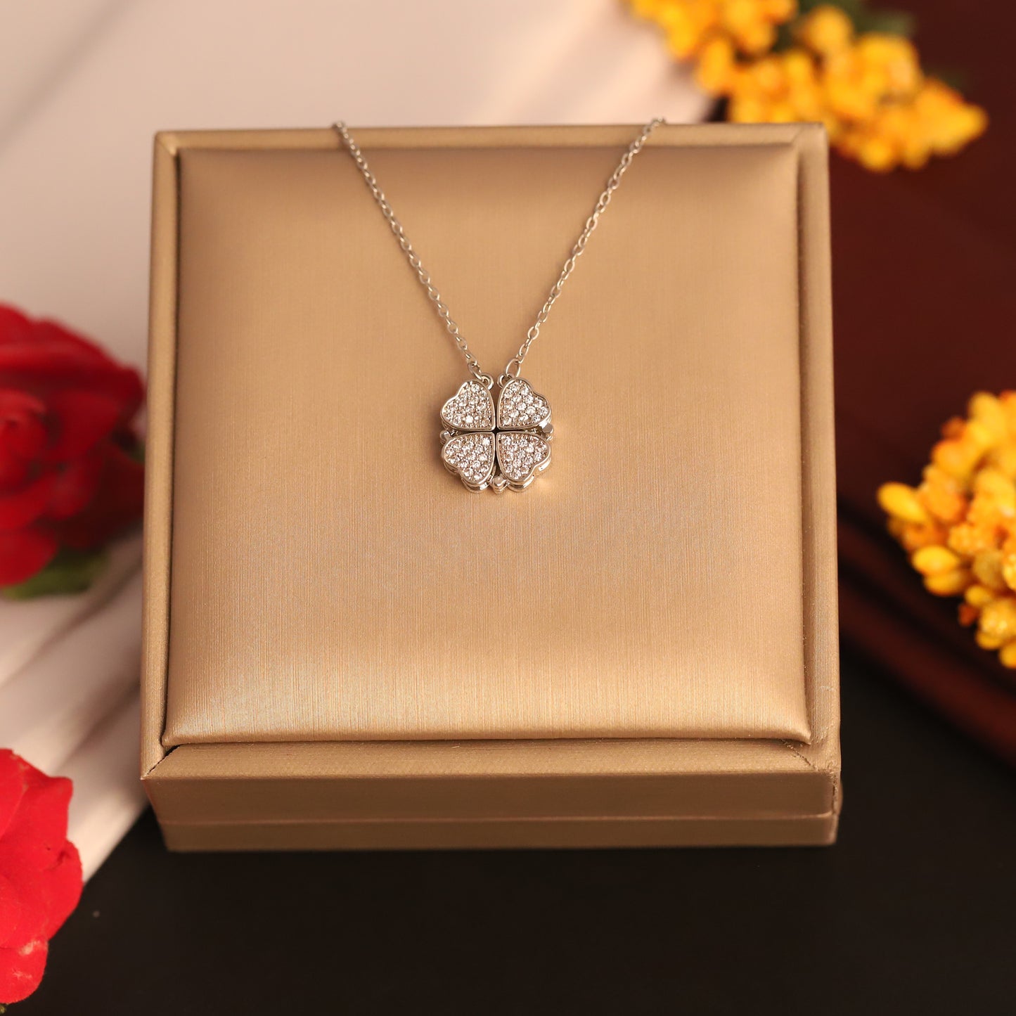 Sparkling Silver Plated Four Heart Pendant Necklace - ZIPPORY
