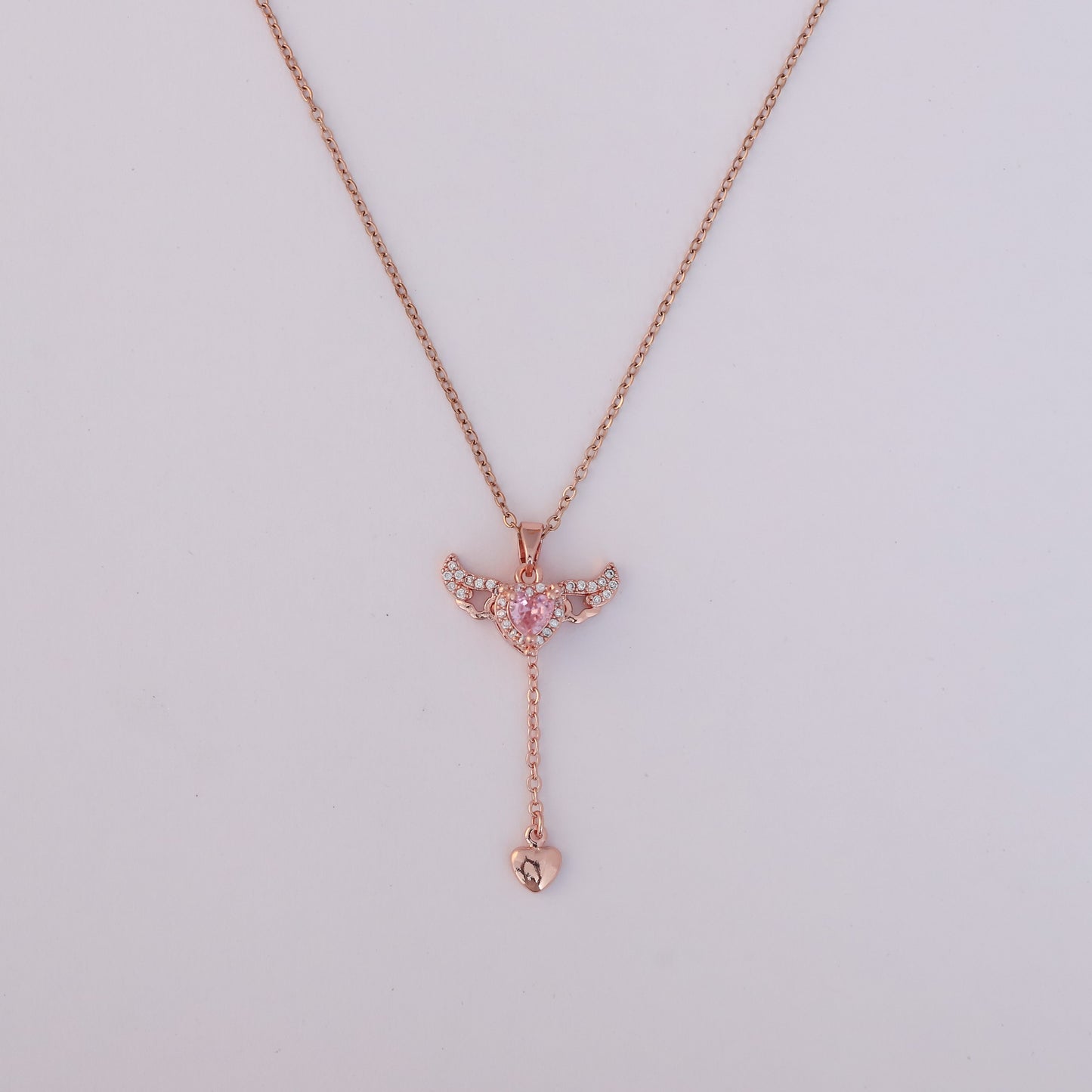 Rose Gold Angel Heart Lariat Necklace - ZIPPORY