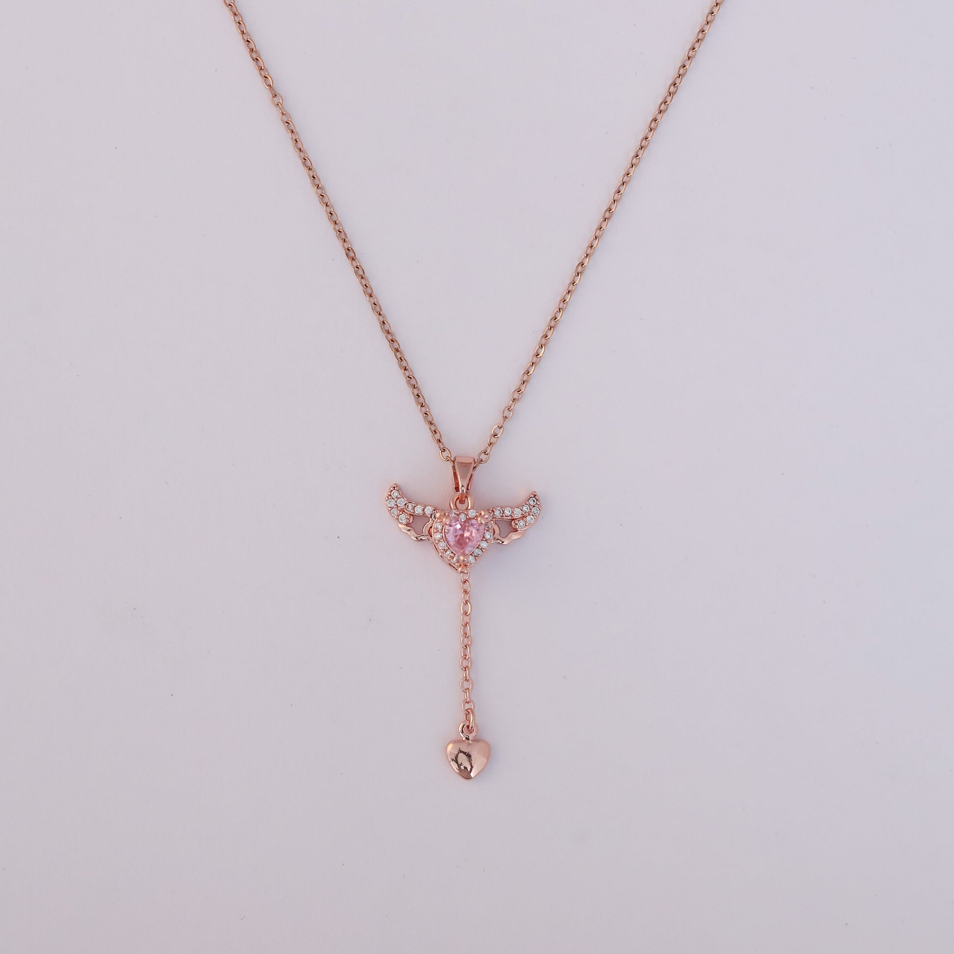 Rose Gold Angel Heart Lariat Necklace - ZIPPORY