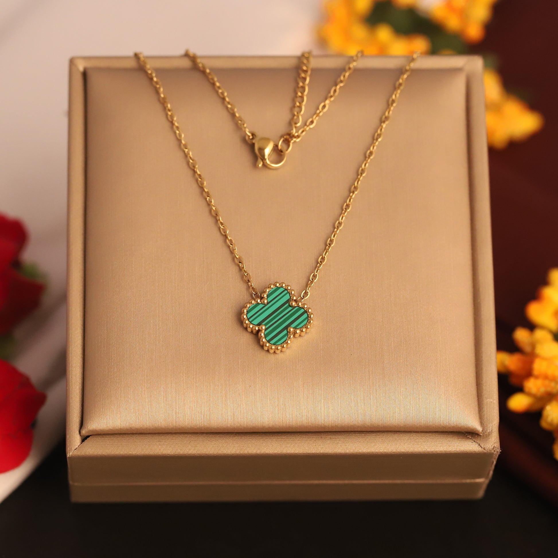 22K Gold Plated Green Clover Necklace - ZIPPORY