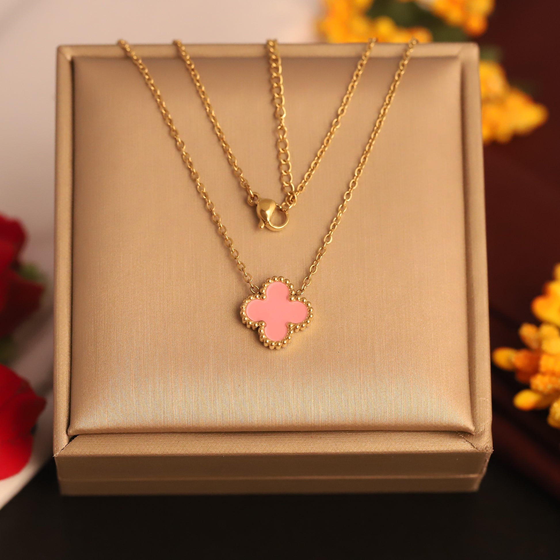 22K Gold Plated Pink Clover Necklace - ZIPPORY