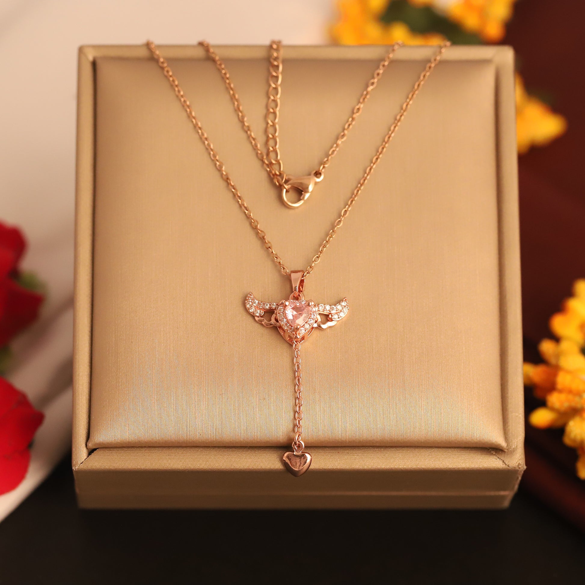 Rose Gold Angel Heart Lariat Necklace - ZIPPORY
