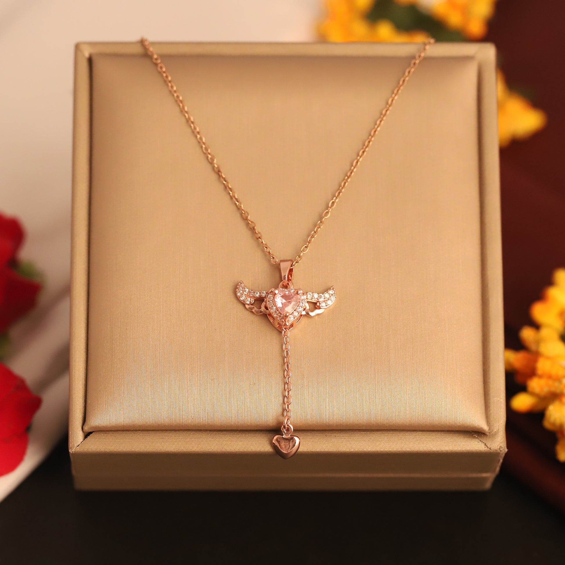 Rose Gold Angel Heart Lariat Necklace - ZIPPORY