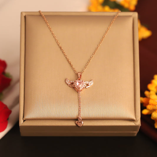 Rose Gold Angel Heart Lariat Necklace - ZIPPORY