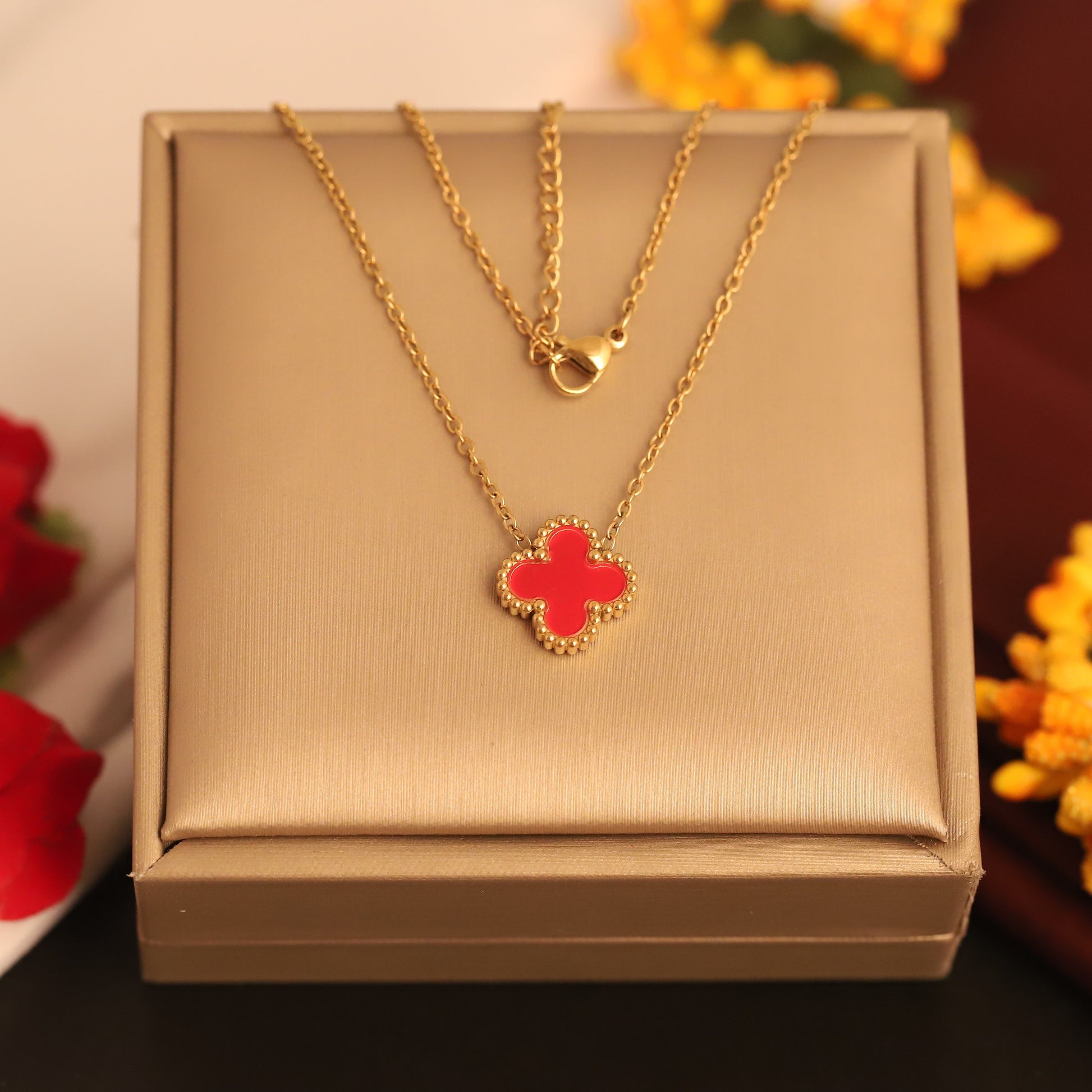 22K Gold Plated Red Clover Necklace - ZIPPORY