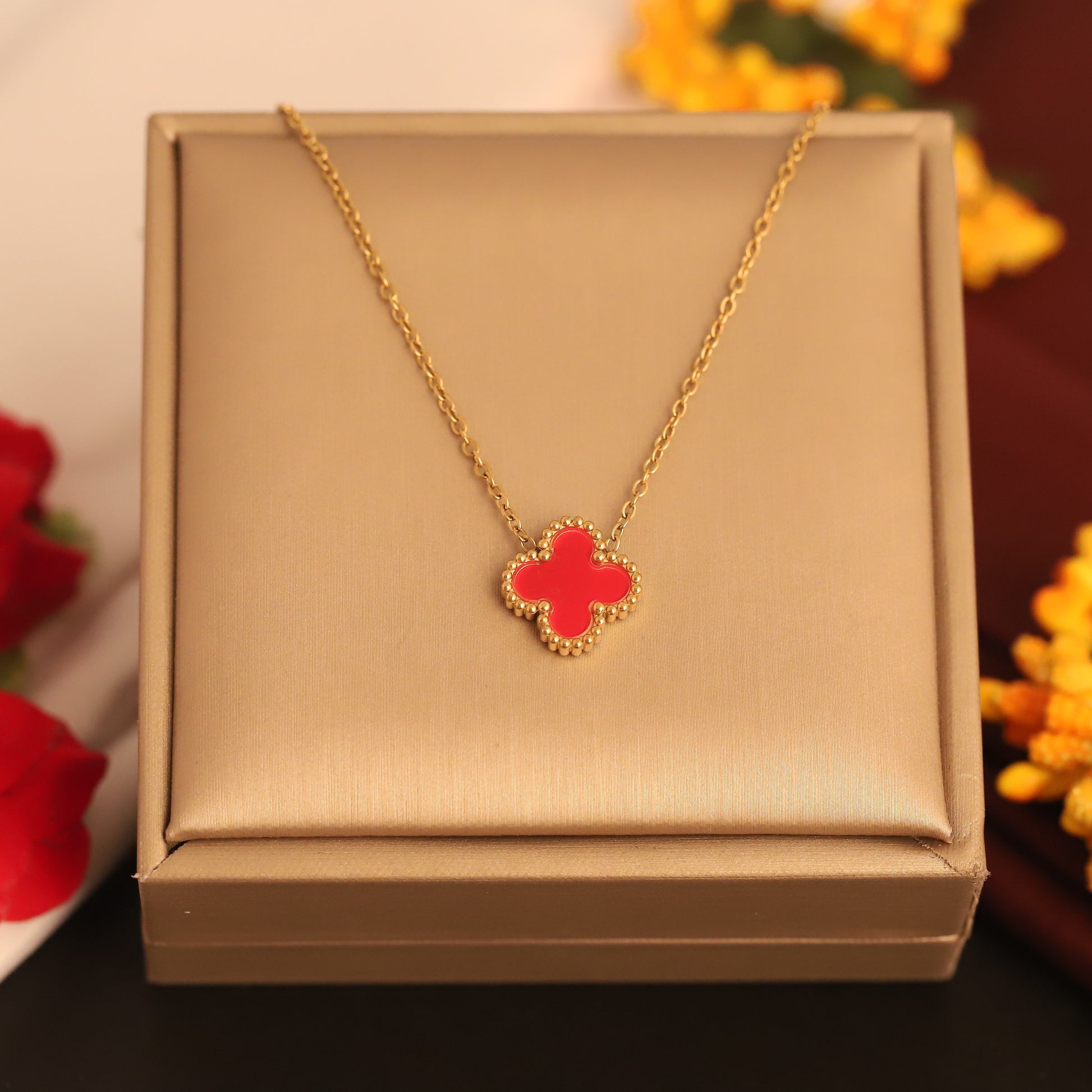 22K Gold Plated Red Clover Necklace - ZIPPORY