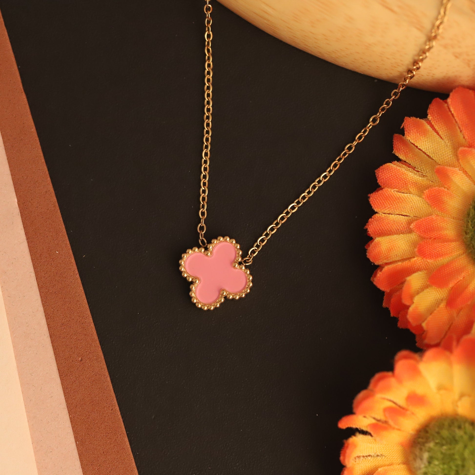 22K Gold Plated Pink Clover Necklace - ZIPPORY
