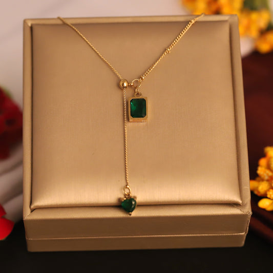 Lariat Necklace with Green Gemstone Pendant - ZIPPORY