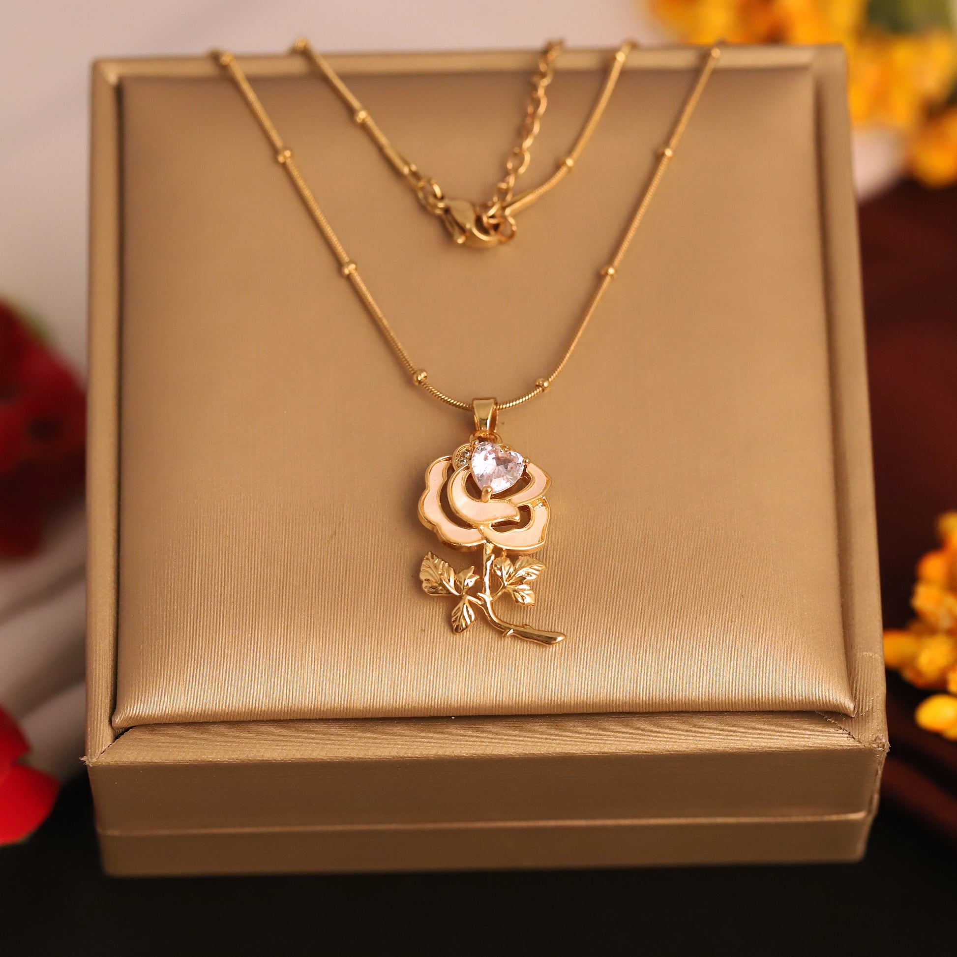 Golden Bloom Rose Pendant Necklace – Elegant Floral Charm with Crystal Accent - ZIPPORY