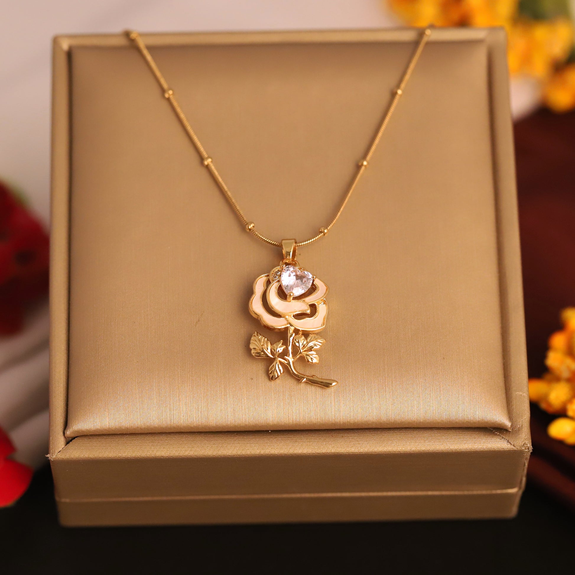 Golden Bloom Rose Pendant Necklace – Elegant Floral Charm with Crystal Accent - ZIPPORY