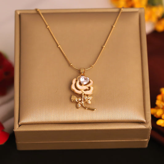 Golden Bloom Rose Pendant Necklace – Elegant Floral Charm with Crystal Accent - ZIPPORY