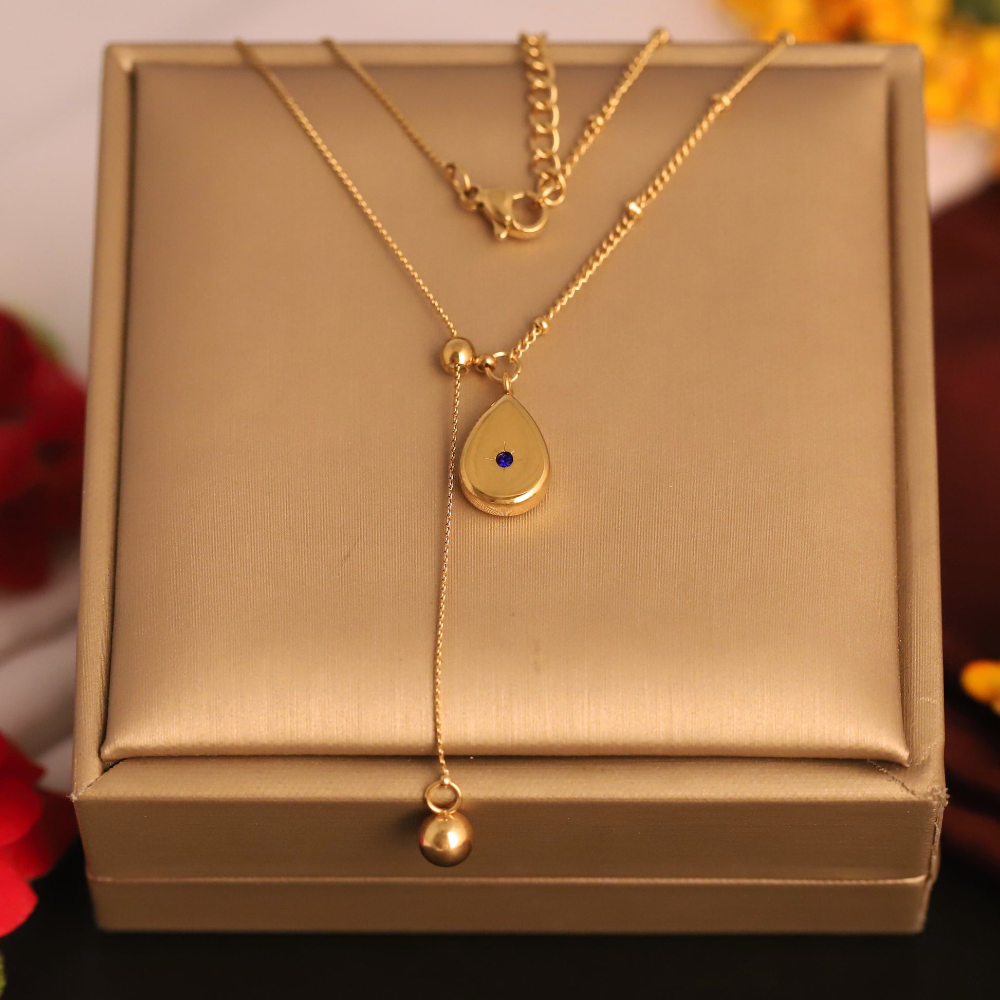 Elegant Teardrop with Subtle Blue Stone Pendant Necklace - ZIPPORY
