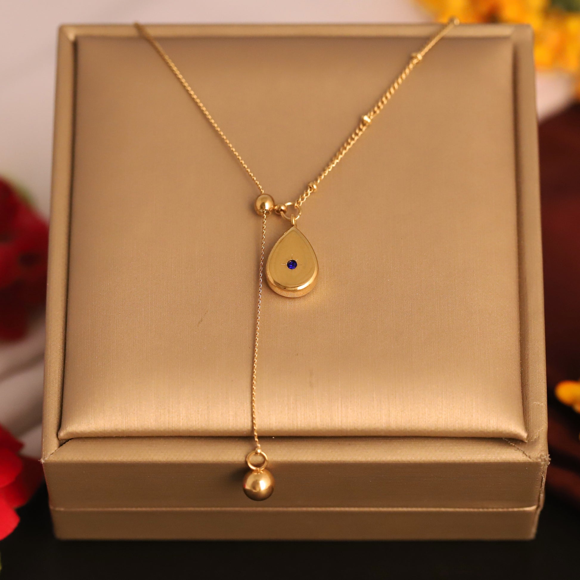 Elegant Teardrop with Subtle Blue Stone Pendant Necklace - ZIPPORY