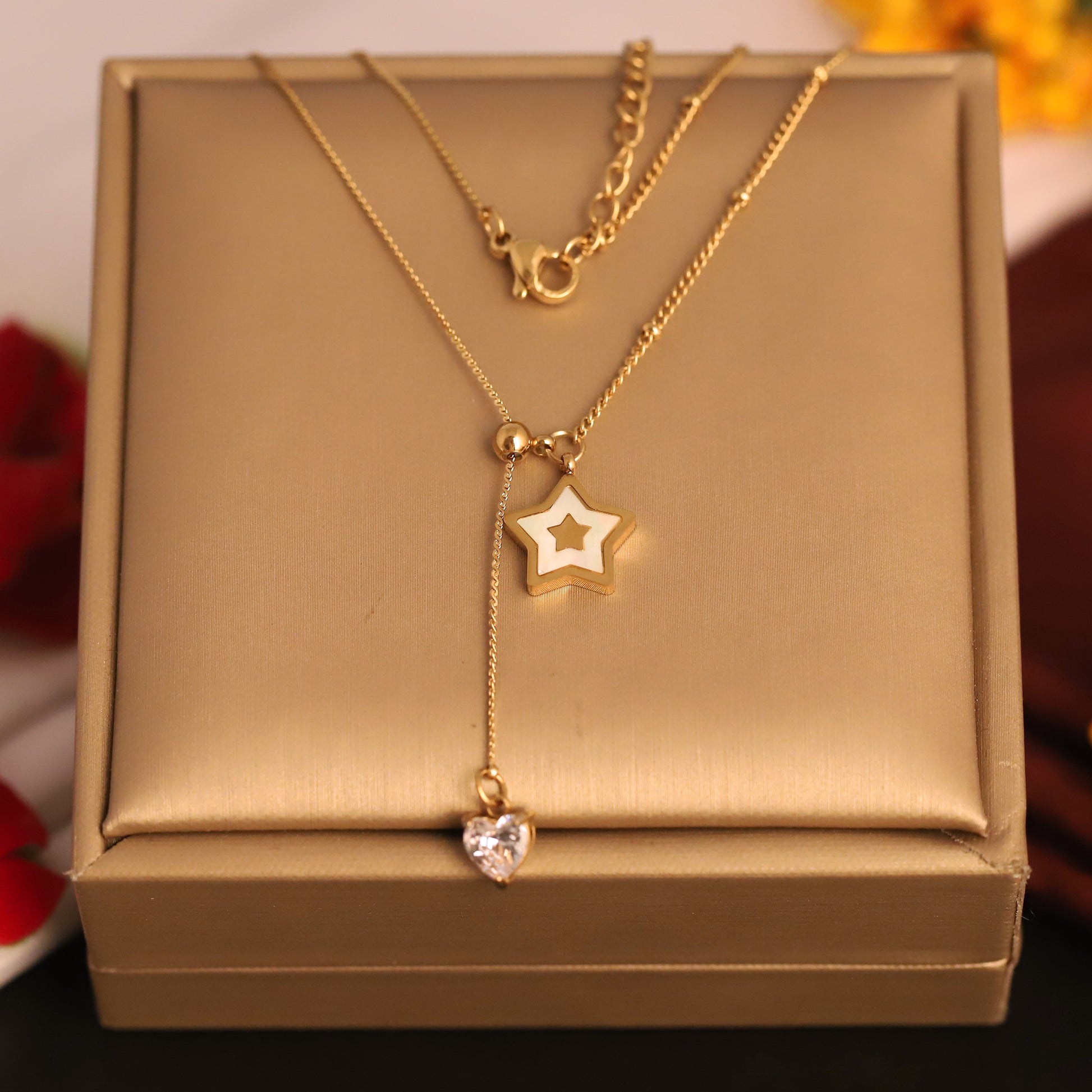 Star and Crsytal Heart Drop Pendant Necklace - ZIPPORY