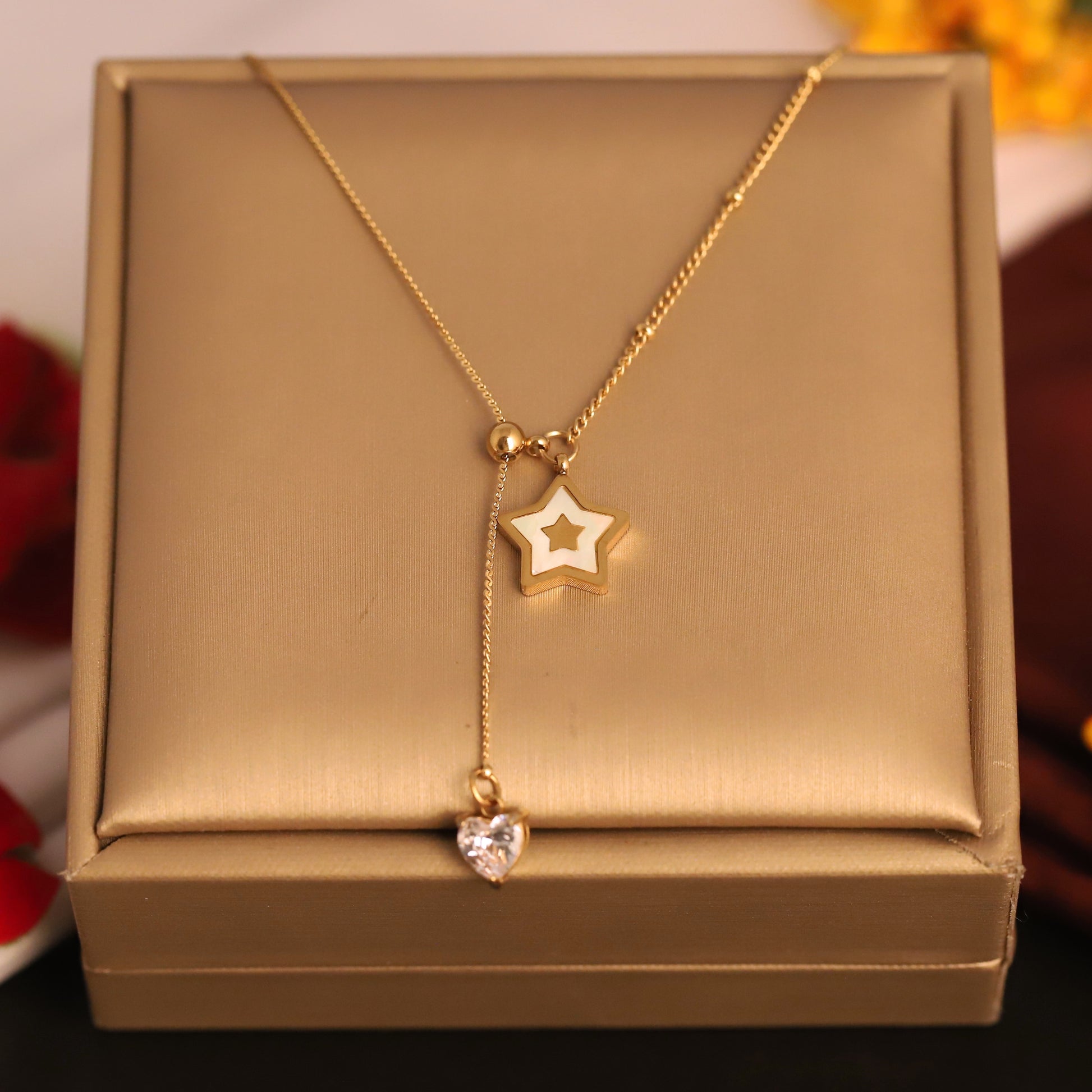 Star and Crsytal Heart Drop Pendant Necklace - ZIPPORY