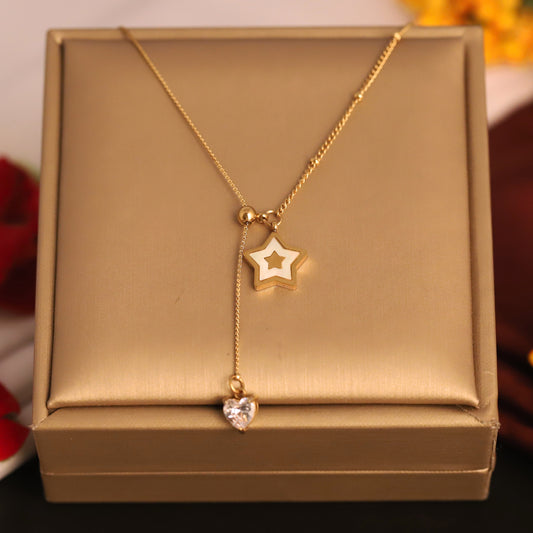 Star and Crsytal Heart Drop Pendant Necklace - ZIPPORY