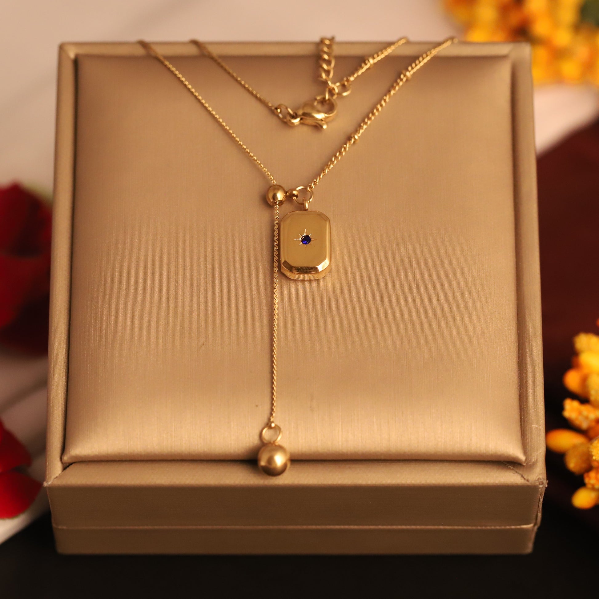 Subtle Blue Stone with Sleek Rectangular Pendant Necklace - ZIPPORY